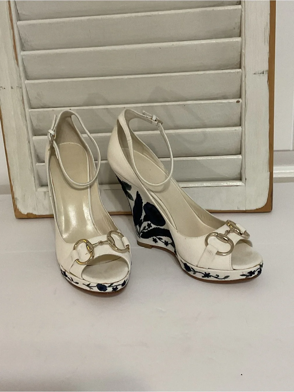 Gucci Horsebit Canvas Wedge with Embroidered Heels